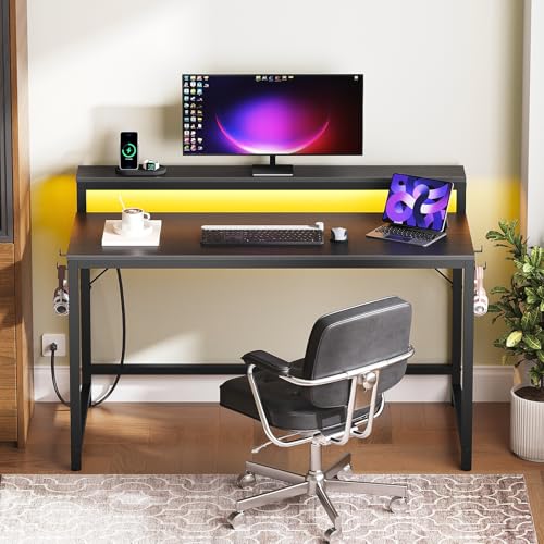 YATINEY 47.2" Computer Desk with Charging Station and LED Lights, Gaming Desk with Monitor Stand, 2-Tier Home Office Desk with 4 Side Hooks, for Living Room, Home Office, Black DN12UDBB YATINEY