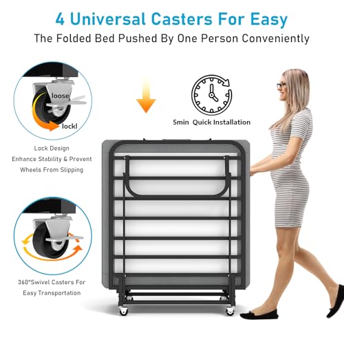SADENICEL Folding Bed with Mattress for Adults, Portable Foldable Roll Away Bed on Wheels, Memory Foam Mattress and Metal Frame, Space Saving Fold Up for Easy Storage, 75" x 31" SADENICEL