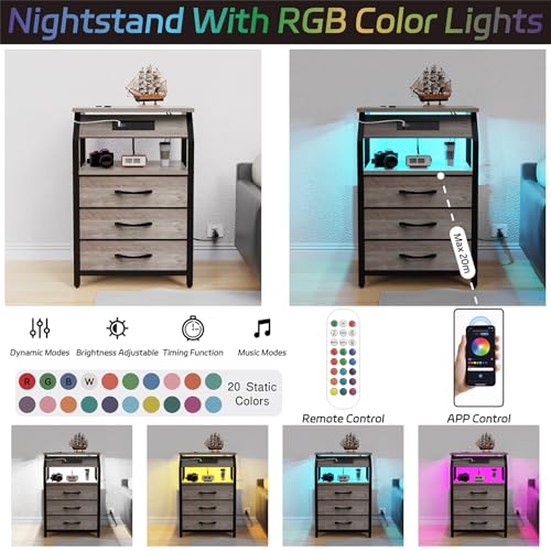 SZLHANJZ Night Stand Set of 2, Nightstands with Charger Station and LED Lights, End Tables Set with 3 Fabric Drawers, Storage Side Tables for Bedside, Living Room, Greige SZLHANJZ