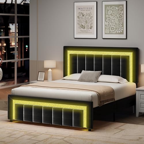 HOMBCK Full Size Bed Frame with LED Lights and Velvet Upholstered Headboard, Bed Frame Full with Modern Diamond Headboard Adjustable, Wooden Slats Support, Noise Free, No Box Spring Needed, Black HOMBCK