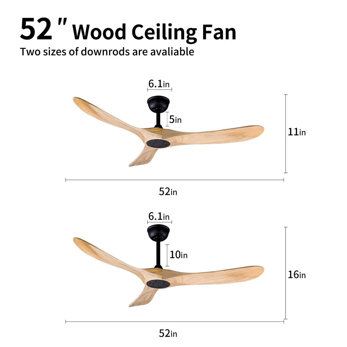 FOBLKS 52" Indoor/Outdoor Wooden Ceiling Fan, 3 Blade DC Ceiling Fan with Remote Control, 2 Downrods, Reversible DC Motor 22W Quiet Energy Saving FOBLKS