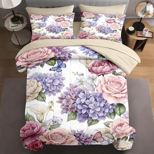 WeCozy 5 Pcs Twin Size Comforter Set with Pillowcase & Sham, Floral Flower Peony Bedding for Kids and Adults, Botanical Painting Hydrangea Bed in a Bag with Flat Fitted Sheet WeCozy