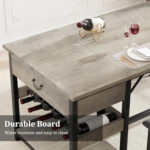 GarveeHome Dining Table Set for 4, Kitchen Dining Table Set with Upholstered Benches, Kitchen Dining Room Table with Storage Drawers & Wine Rack for Small Space-Grey GarveeHome