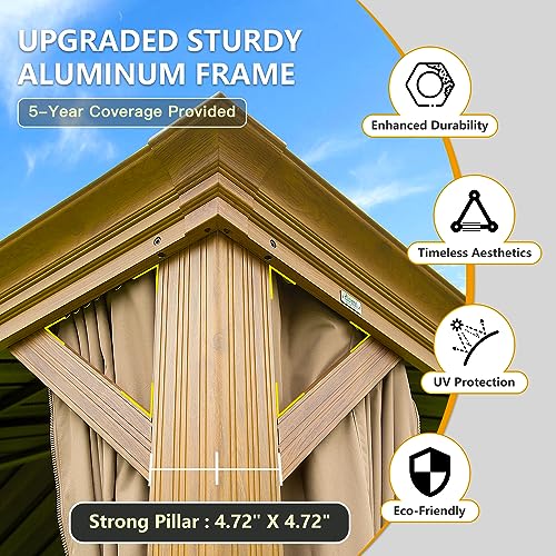 12’ x 16’ Hardtop Gazebo Outdoor Aluminum Wood Grain Gazebos with Galvanized Steel Double Canopy for Patios Deck Backyard,Curtains&Netting by domi outdoor living domi outdoor living