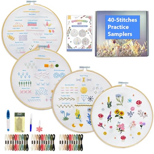 Sutesloly Hand Embroidery Kit for Beginners Adults, 4 Sets Learn to Floral Patterns Simple Starter kit for Beginners, Easy Practice Kit, 7.8inch Hoop, DIY Craft Gift for Women, Pink and Blue