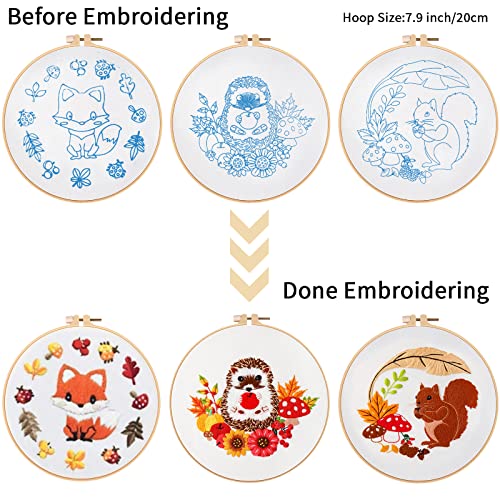Louise Maelys 3 Set Animal Embroidery Kits for Beginners with Autumn Squirrel Hedgehog Fox Pattern,Adults Starter Cross Stitch Kit DIY Needlepoint