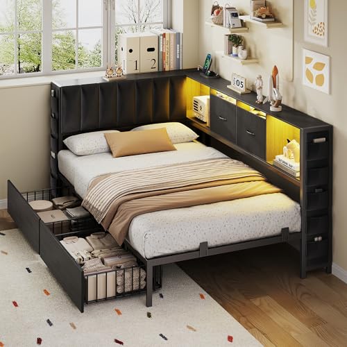 MapleGrace Twin Corner Bed Frame with Upholstered Storage Headboard and Drawers, Metal Platform Bed Frame with LED Light and Charging Station, Twin Daybed for Living Room, Bedroom & Guest Room, Black MapleGrace