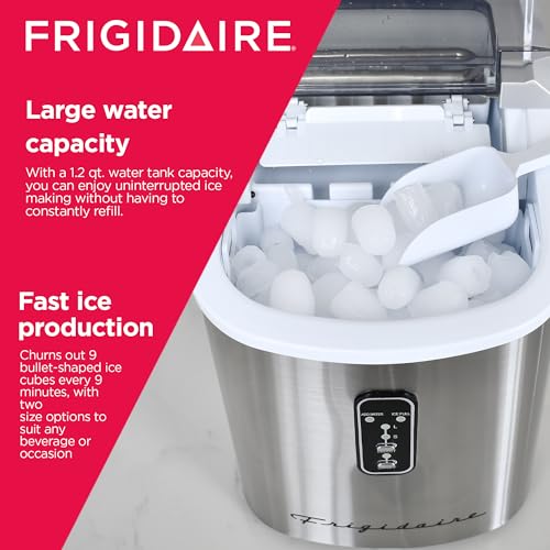 Frigidaire EFIC103-AMZ-SC Counter Top Maker with Over-Sized Ice Bucket, Stainless Steel, Self Cleaning Function, Heavy Duty, Stainless Frigidaire