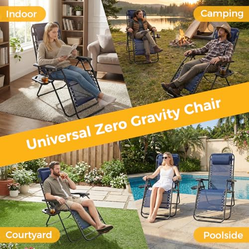 NEWBULIG Zero Gravity Chair Set of 2, Lounge Chair Folding Portable Adjustable Camping Reclining Chairs with Adjustable Pollow, Mesh Back, Cup Holder Trays Lawn Patio Chair for Pool Beach - Blue