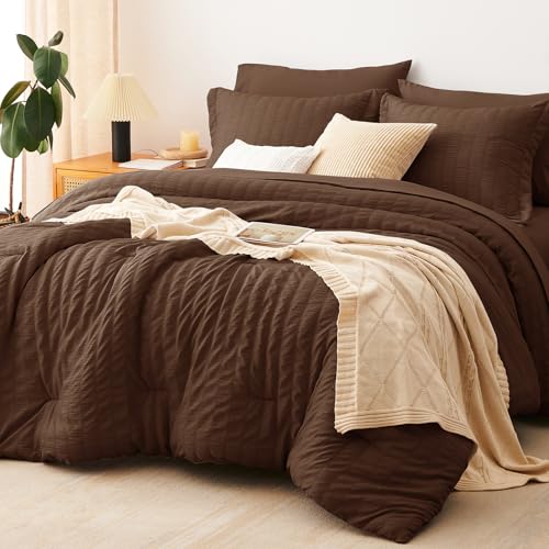 CozyLux Full Size Comforter Sets with Sheets 7 Pieces, Brown Seersucker Bed in a Bag Textured Luxury Soft Bedding Set with Down Alternative Comforter, Sheets, Pillowcases & Shams for All Seasons