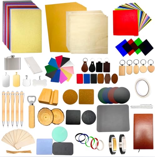 Mroy mio 135 PCS Laser Engraving Material Kit, 27 Kinds Laser Engraver Blanks for Laser Crafting, Includes Wood, Acrylic, Fabric, Rock, PU Leather, Diatom Mud Materials Mroy mio