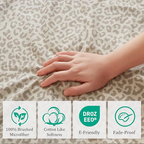 Drozeeo King Leopard Print Sheets, Cheetah Pattern King Size Sheet Set with Elastic Corner Straps, Soft Microfiber Animal Bedsheet, Beige Drozeeo