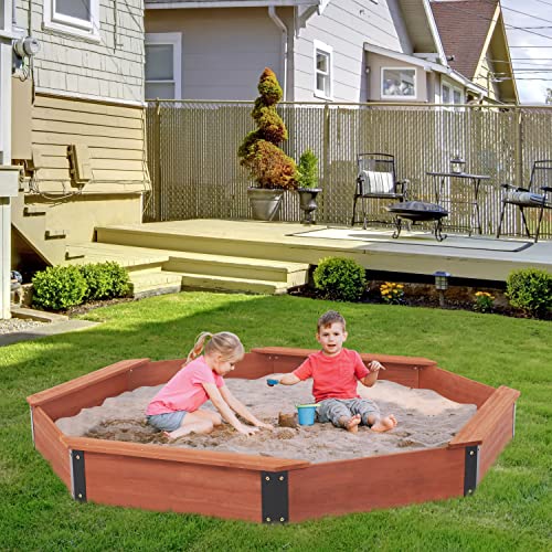 85''x78''x9'' Octagon Sandbox with Cover for Kids Outdoor Play, Wood Large Sandpit with 4 Benches, Quick Easy Install SoliWood