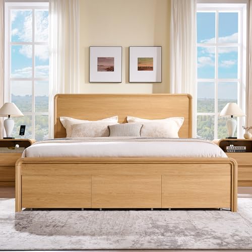 Aitjunz Modern King Size Bed Frame with 50" Tall Headboard, Wood King Size Platform Bed Frame w/3 Storage Drawers, Curved Profile Design, Wood & Steel Platform Bed, No Box Spring Needed, Natural Oak Aitjunz