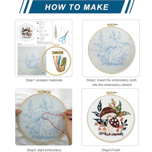 Zhenqing Woodland Mushroom Embroidery Kit for Beginners - 29x29cm Printed Fabric with Hoop & Full Tools(S-CX0910)