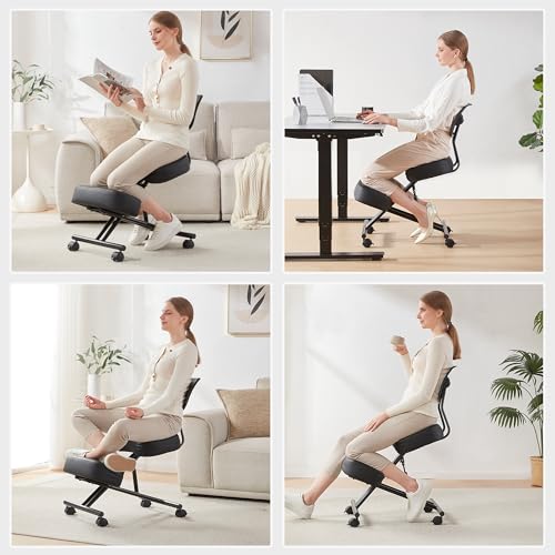 SOMEET Ergonomic Kneeling Chair, Modern Style, Kneeling Office Chair, Black Pu Kneeing Chair, Metal Frame, Foam Seat, 250 lbs Weight Capacity, Adjustable Height, Lockable Casters SOMEET
