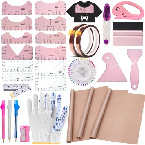 QUKLOGEN Sublimation Shirts Tool Kits Shirt Measure Ruler Set Reusable Round Neck and V Neck Alignment T Shirt Guide Ruler Teflon Sheet for Heat Press 12 x 16in Heat Resistant Tape QUKLOGEN