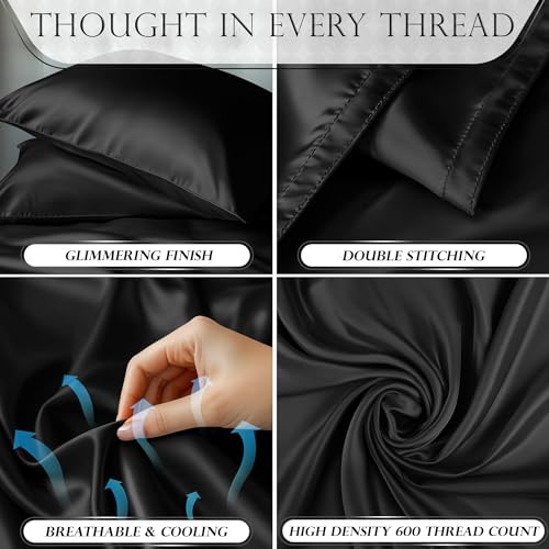 DECOLURE Satin Bed Sheets - 6 Piece Luxury Silky Queen Size Bedding Set - Softer Than Silk, Wrinkle-Free with 15” Deep Pocket Fitted Sheet, Perfect for Hair & Skin, Gifts for Women (Black) DECOLURE