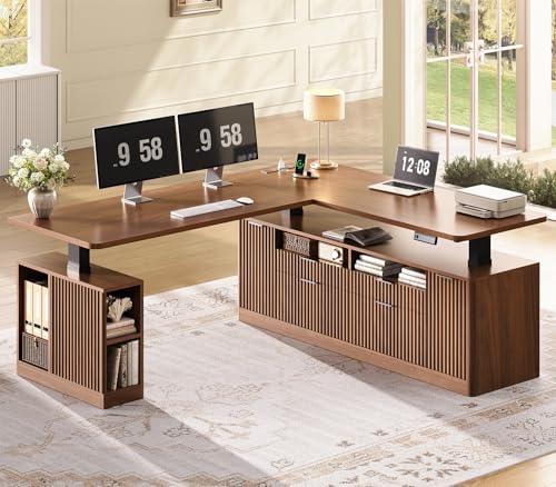 SEDETA L Shaped Electric Standing Desk, 69" x 55"Height Adjustable Office Executive Desk with 4 Drawers and Storage Shelves, Fluted Sit Stand Computer Desk with Power Outlet for Home Office (Brown) SEDETA