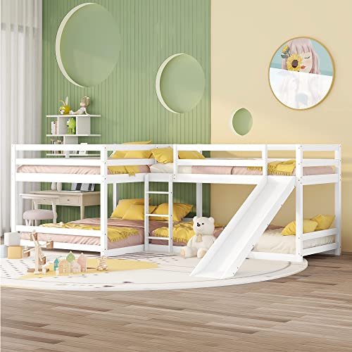 L-Shaped Quad Bunk Bed, Four Bunk Bed Twin Over Twin with Angle Ladder,Wooden Corner 4 Bed Bunk Bed Compatible with 0, Teens, Adults, No Box Spring Needed (Twin, Grey),Modern Style MhaRt