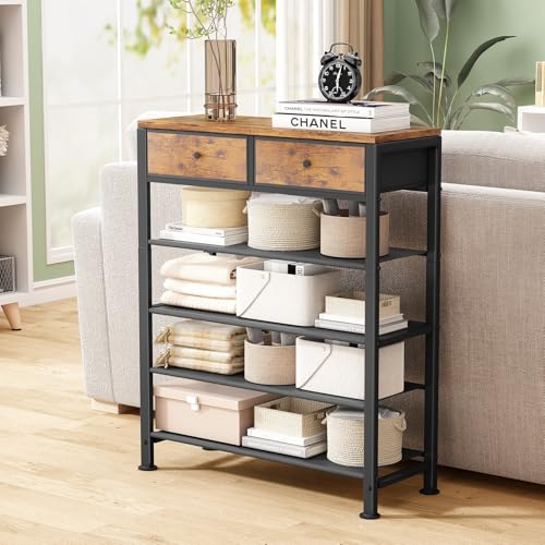 Kitstorack Shoe Rack, 5 Tier Shoe Organizer for 12-16 Pairs of Shoes, with 2 Drawers, 3 Fabric Shelves and Wooden Top, Shoe Rack for Closet Entryway, Rustic Brown Kitstorack
