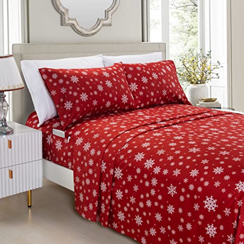 Elegant Comfort Luxury Soft Bed Sheets Holiday Pattern 1500 Premium Hotel Quality Microfiber - Softness Wrinkle and Fade Resistant (4-Piece) Bedding Set, Twin, Snowflake-Burgundy Elegant Comfort