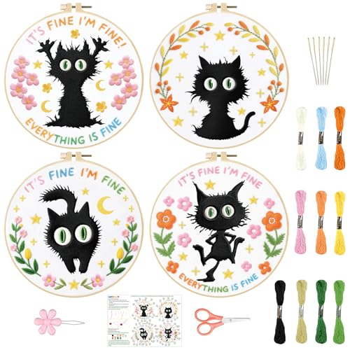 INFUNLY 4 Sets Black Cat Embroidery Kit for Beginner Inspirational Embroidery Starter Kit 11.8x11.8 Everything is Fine Hand Stitching Needlework Set with Step-by-Step Instruction for Home Decor