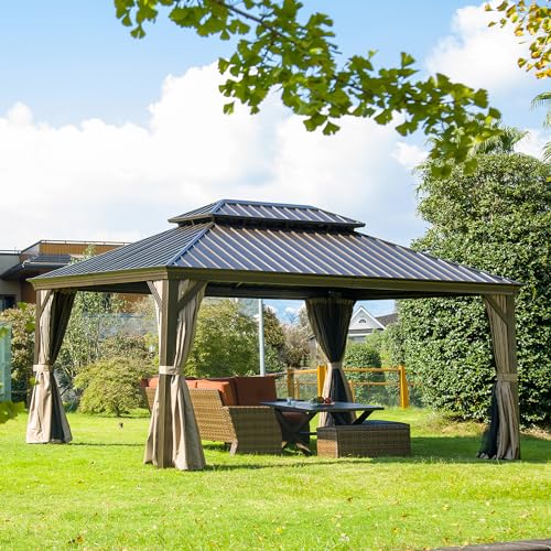 Domi Hardtop Gazebo 12x16FT, Outdoor Gazebo with Galvanized Steel Double Roof, Aluminum Frame, Built-in Gutter System, Curtain and Netting, Metal Gazebo Pavilion for Patio Deck Garden, Brown domi outdoor living