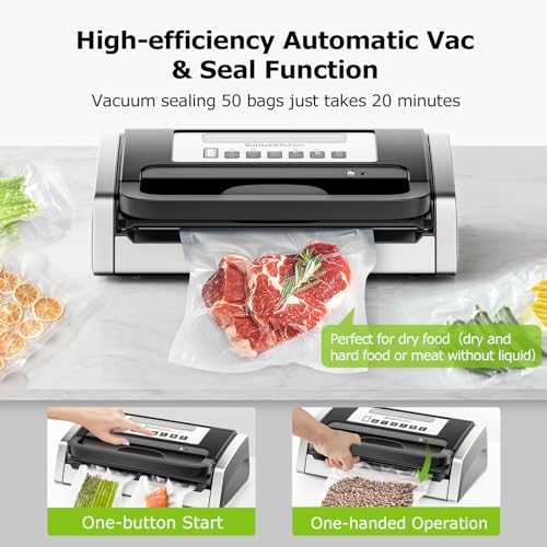 Bonsenkitchen Vacuum Sealer Machine, Powerful Low-Noise Food Vacuum Sealer for High-Speed Continuous Working, Handle Locked Design, Built-in Cutter, 2 Bag Rolls + 100 PCS Vacuum Bags Bonsenkitchen