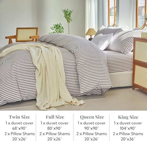 XINMIANFANG Striped Duvet Cover Set Full Size 3 Pcs 100% Washed Cotton Linen Like Textured Natural Wrinkle Comfy Breathable (Full, Classic Stripe-Mauve Brown/White) XINMIANFANG