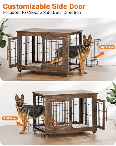 YaFiti Dog Crate Furniture with Cushion, Wooden Dog Kennel Indoor with Double Doors, Dog Cage with Wheels, Dog House Side End Table for Small Medium Dogs up to 45 lb, 32.5” L, Rustic Brown YaFiti