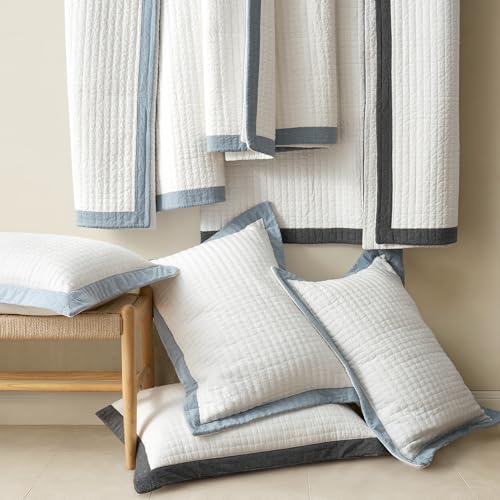 EVERGRACE Cotton Border Frame Tack-Stitch Quilt Bedding Set King Size, Coastal Oversized 3 Pieces Lightweight Bedspread Coverlet for All Season, with 2 Matching Shams, Blue Linen EVERGRACEHOME