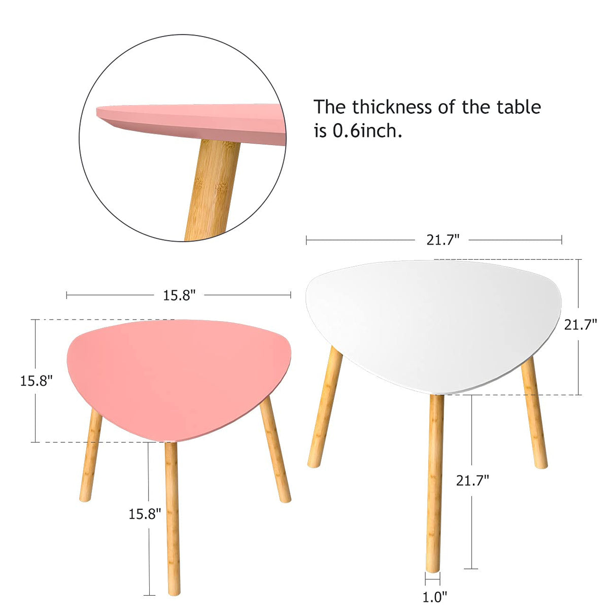 Bambloom Bamboo Nesting Coffee Tables - Small Coffee Table for Living Room, Set of 2 Triangle End Table Modern Side Table for Bedroom Apartment Balcony Yard Small Spaces, (White & Pink) Bambloom