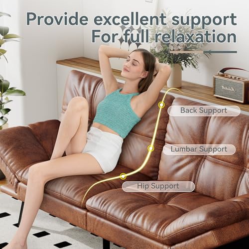 AMICLIBER Futon Sofa Bed Convertible Couch, Brown Faux Leather Sofa Bed with Memory Foam, Adjustable Backrest & Armrests, Multifunctional Small Loveseat Sleeper Sofa for Living Room, Apartment, Office AMICLIBER