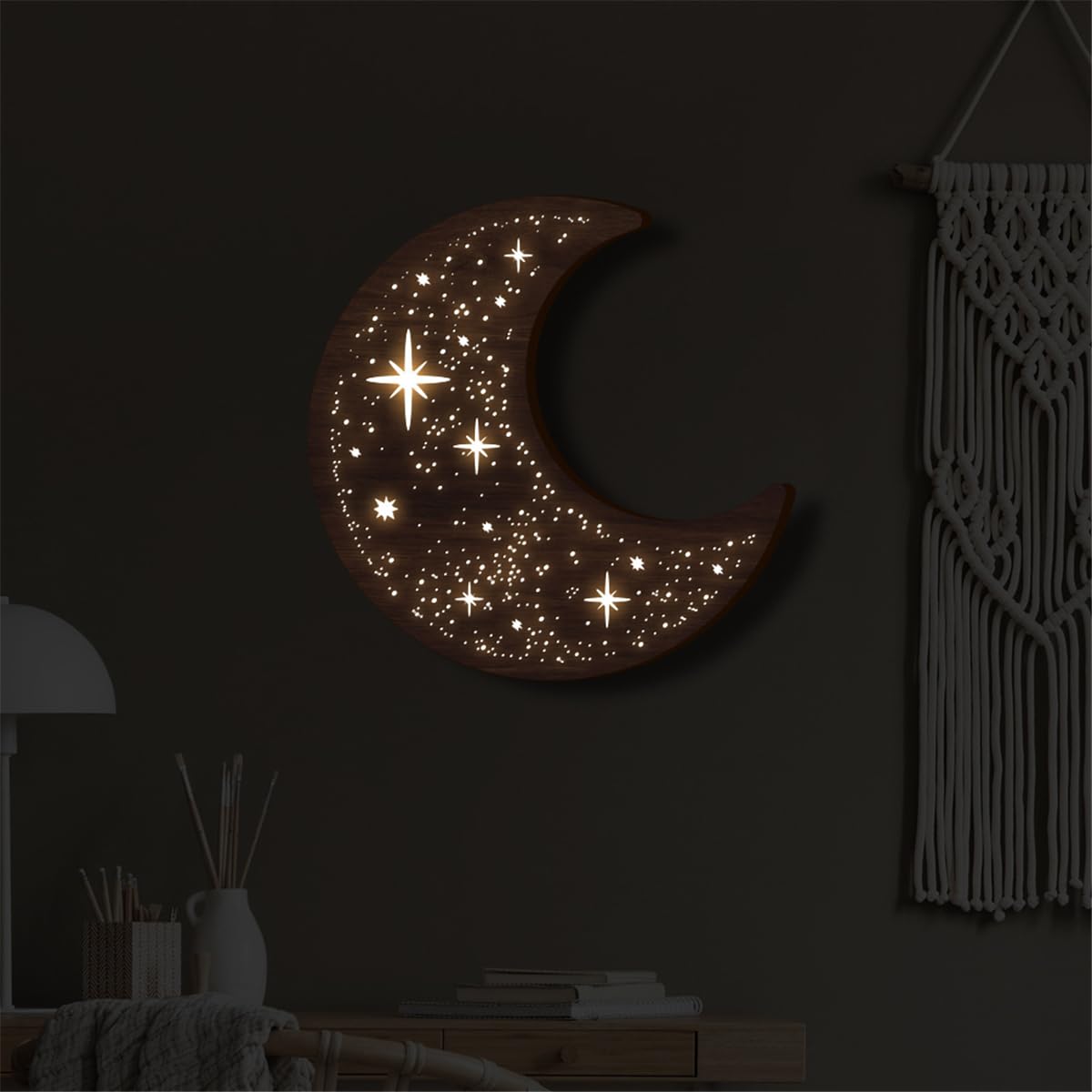 Wooden Moon Wall Art Decor, Boho Wooden Moon Phase Stars LED Lamp Wall Hanging Decor Sign, Wood Carving LED Night Light Wall Sculptures, 3D Home Wall Art Decoration for Kids Bedroom Living Room (A) Jocaluyia