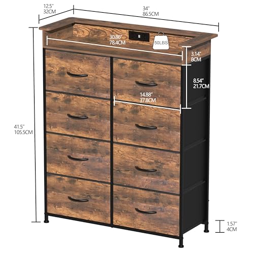 Welfuturer Tall Dresser for Bedroom with Charge Station 8 Drawers Dresser with LED Lights Chest Organizer Units for Hallway Entryway Closets Sturdy Steel Frame Wood Top Easy Pull Handle Rustic Brown Welfuturer