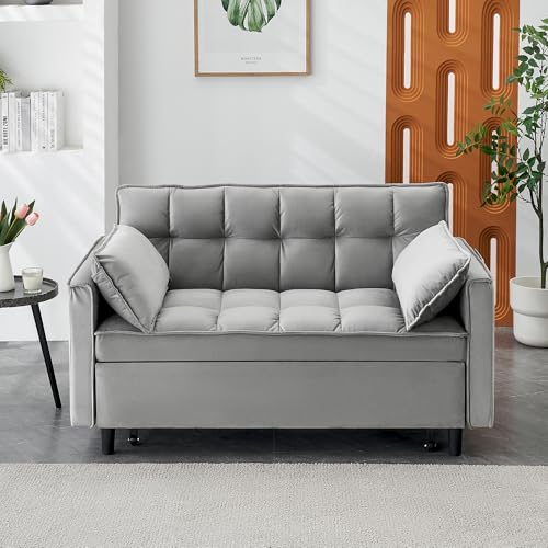 Anwick Modern Sleeper Sofa Bed,3-in-1 Convertible Pull Out Couch Bed Futon Sofa w/Reclining Adjustable Backrests,Pillows,55''Velvet Loveseat Sofa for Compact Home Bedroom Office (Grey, 55'') Anwick