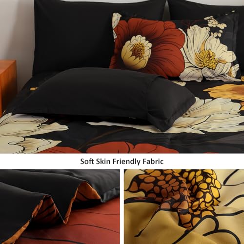 Xruibed Black Floral Comforter Set Queen Size 7 Pieces Bed in a Bag Flower Bedding Sets Lightweight Boho Bed Set with Sheet,Pillowcases&Shams for All Season Xruibed