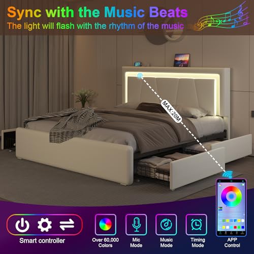 Full Size Bed Frame with 4 Storage Drawers and LED Lights, Upholstered Platform Bed with Adjustable Headboard and Charging Station, Metal Slats Support, No Box Spring Needed,Easy Assembly, White E-Motie
