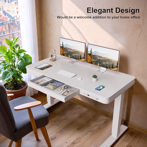 Furmax Electric Standing Desk with Drawer 48 x 24 Inch Adjustable Height Stand up Desk One-piece Board Pre-assembled Home Office Computer Desk with USB Ports, White Furmax