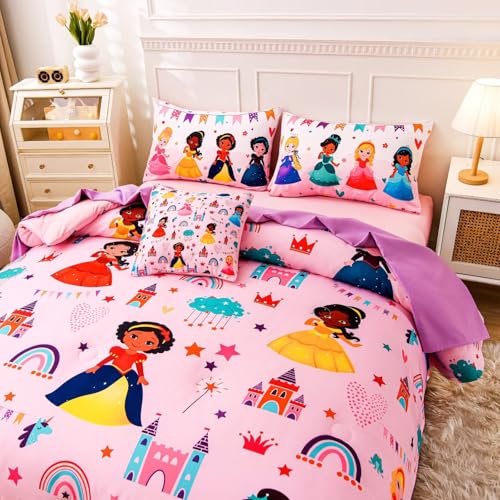 GRAT TIOC 6 Pieces Pink Princess Comforter Set for Girls Twin,Bed in A Bag Princess Bedding Set for Girl Kids (1 Comforter,1 Flat Sheet,1 Fitted Sheet,2 Pillowcases and 1 Cushion Cover) GRAT TIOC