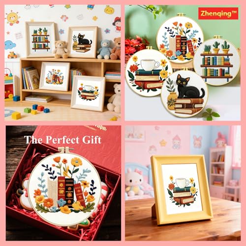 Zhenqing 4 Bookshelf Scenes Embroidery Kit for Beginners, Pre-Printed 29x29cm Circular Cotton Fabric Set with 20cm Hoop, Reading & Library Themed Designs for Home Decor (C0226)