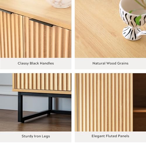 EYYTHUNG Fluted Storage Cabinet Sideboard Buffet Cabinet, Modern Accent Cabinet with Adjustable Shelves, Wooden Credenza, Console Table Entryway Cabinet for Living Dining Room, Natural Oak EYYTHUNG