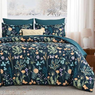 Yiran Comforter Set Queen Size, 7 Piece Peacock Blue Floral Comforters Lightweight Bedding Set Bed in a Bag Soft Microfiber Complete Botanical Beds Sets with Sheets for All Season Winter Spring