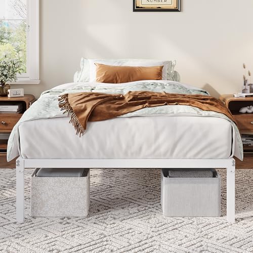 Allewie Twin Bed Frame, 12 Inch Metal Platform Beds with Storage Space, No Box Spring Required and Easy Assembly, White Allewie