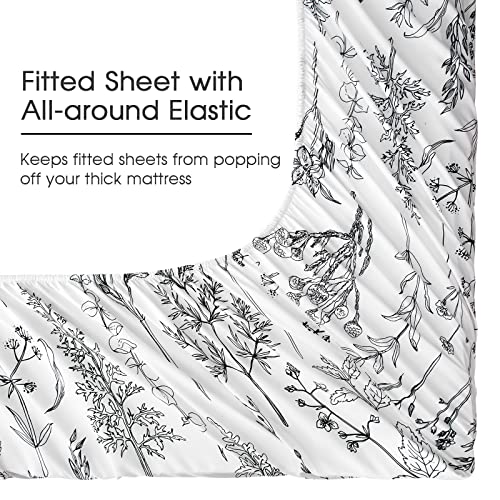 HYPREST Floral Sheets Queen Size,18 inches Deep Pocket Sheets, 1800 Thread Count Black and White Leaf Floral Bed Sheets Soft Breathable Cute Aesthetic Shabby Chic Bed Sheets, Oeko-Tex Certificated. HYPREST