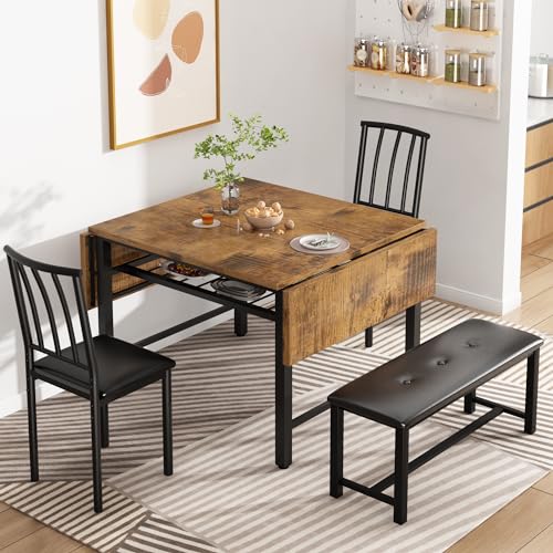 AWQM 4-Piece Faux Wood Drop Leaf Dining Table with Storage Rack, Space Saving Breakfast Nook Table Set with 2 Backrest Chairs and 1 Upholstered Bench, Kitchen Dining Table and Chairs Set for 2-4 AWQM