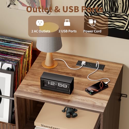 fineway Large Record Player Stand with Power Outlets & LED Lights, Record Player Table Cabinet with Vinyl Record Storage Holds up to 300 Albums, Turntable Stand for Living Room, Bedroom fineway