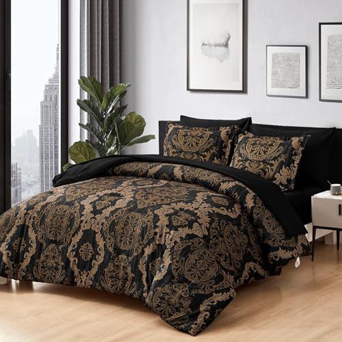 WONGS BEDDING Black Comforter Set California King Size, Gold Damask 7 Pieces Bed in a Bag Microfiber Comforter Bedding Sets -1 Comforter, 1 Flat Sheet, 1 Fitted Sheet, 2 Pillow Shams, 2 Pillowcases WONGS BEDDING
