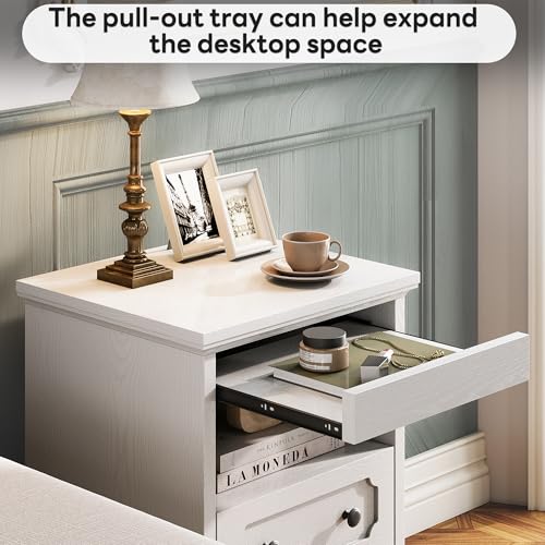 LIKIMIO Night Stand, Modern Bedside Table with 2 Drawers, Open Shelf, End Table with Pull-Out Tray, Wood SideTable, White LIKIMIO